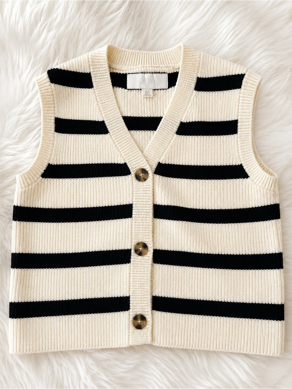 Zara Cream and Black Striped Knit Button Vest